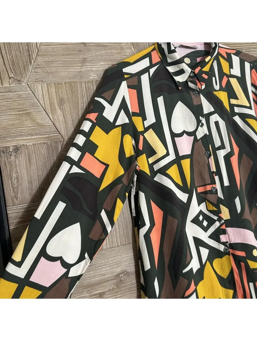 Big Dart Abstract Geometric Print Button-Up Blouse Size 10 Colorful Art-to-Wear